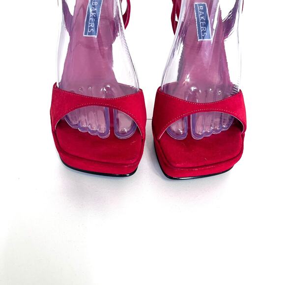Vintage 90s Y2K Bakers Suede Heels Size 7.5B Red Platform Retro Square Open Toe - Picture 6 of 10